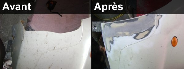 Réparation et soudure plastique du pare-choc, avant et après