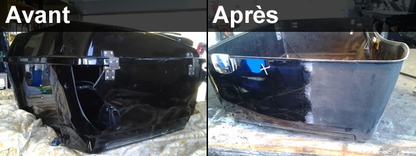 Réparation et soudure plastique de coffre pour moto, avant et après