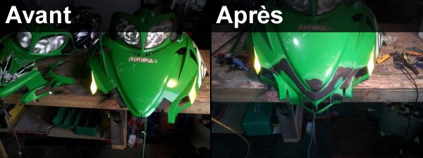Réparation et soudure de cabine de motoneige cassé, avant et après